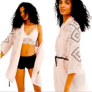 New Free People Isabella XS Pink Black Belted Embroidered Kimono